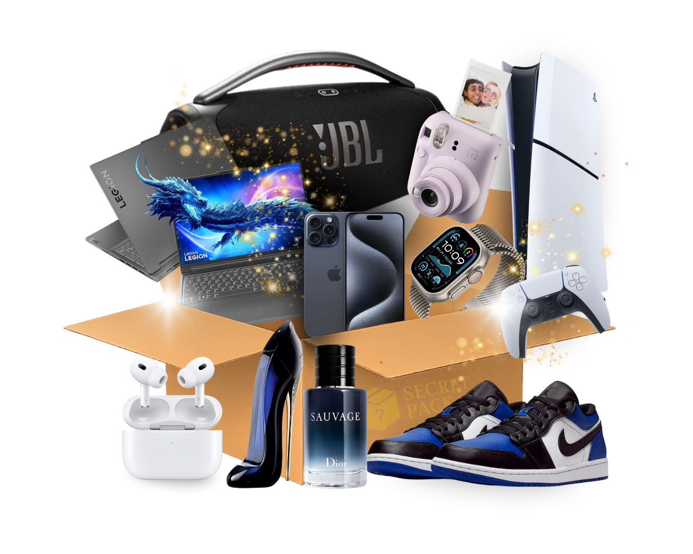 Caixa Secret Pack com iPhone, PS5, JBL e mais produtos premium